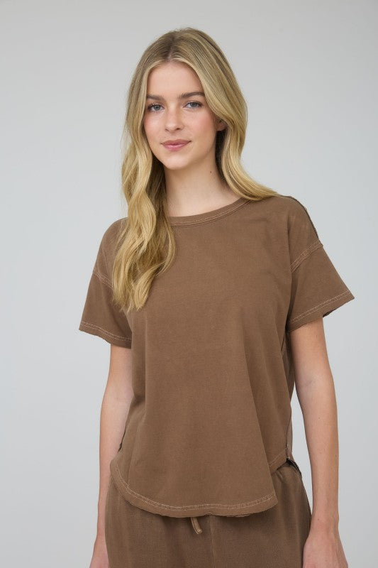Exposed Seam Raw Edge Short Sleeve Top