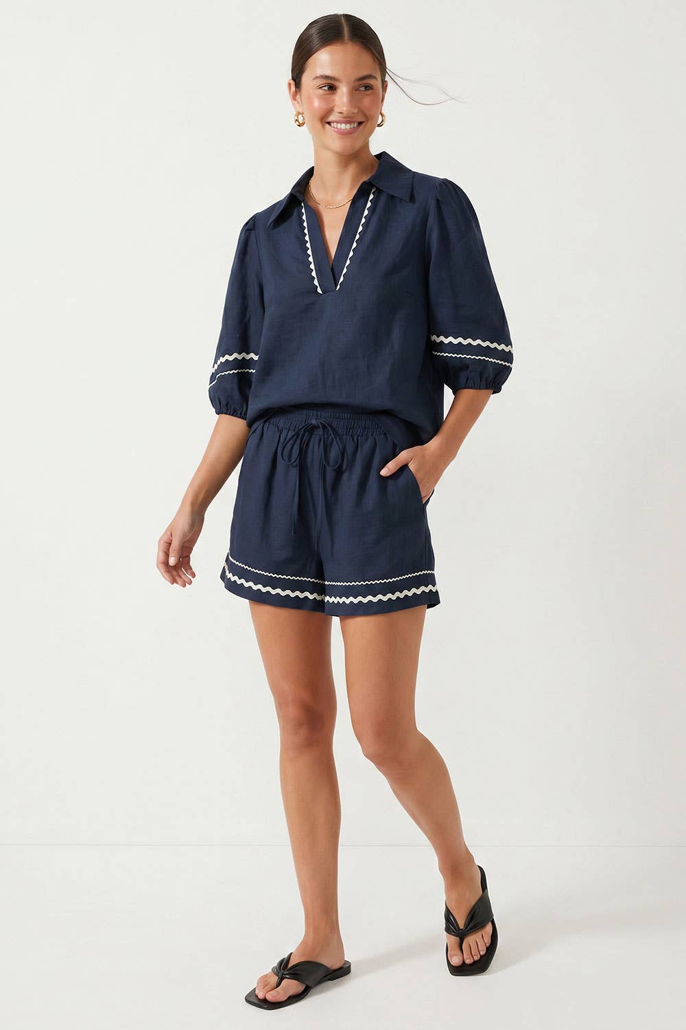 Contrast Trim Puff Sleeve Linen Blouse