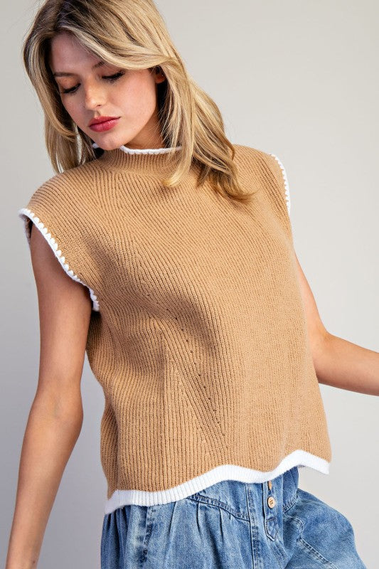 Scallop Trim Contrasting Cap Sleeve Sweater