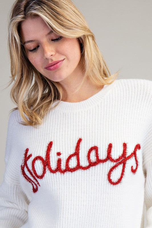 Holiday Glitter Text Round Neck Sweater