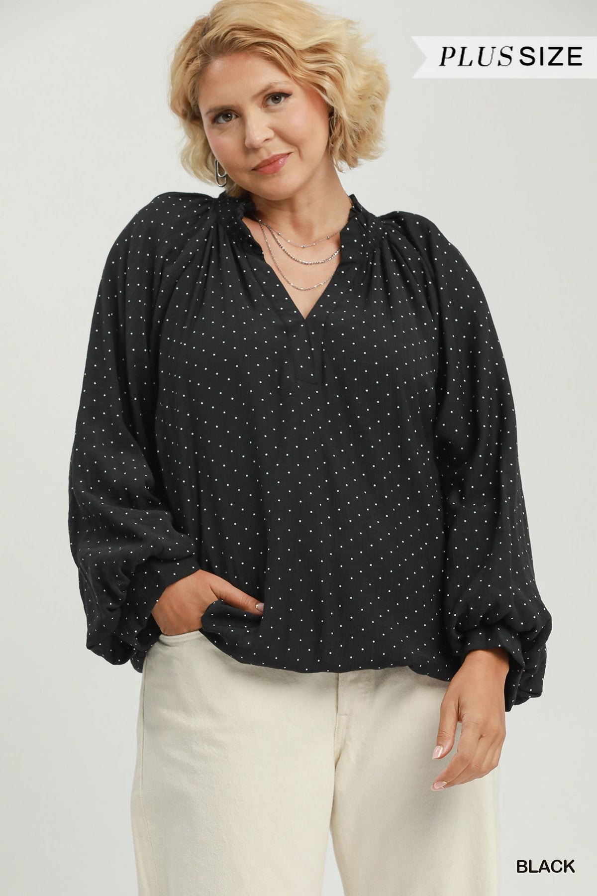 PLUS Dot Print Bubble Sleeve Blouse