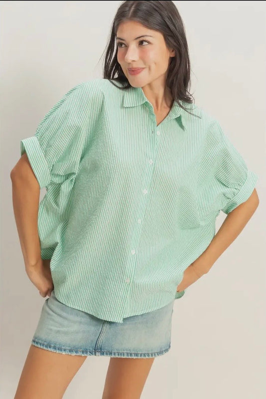 Striped short sleeve button front top
