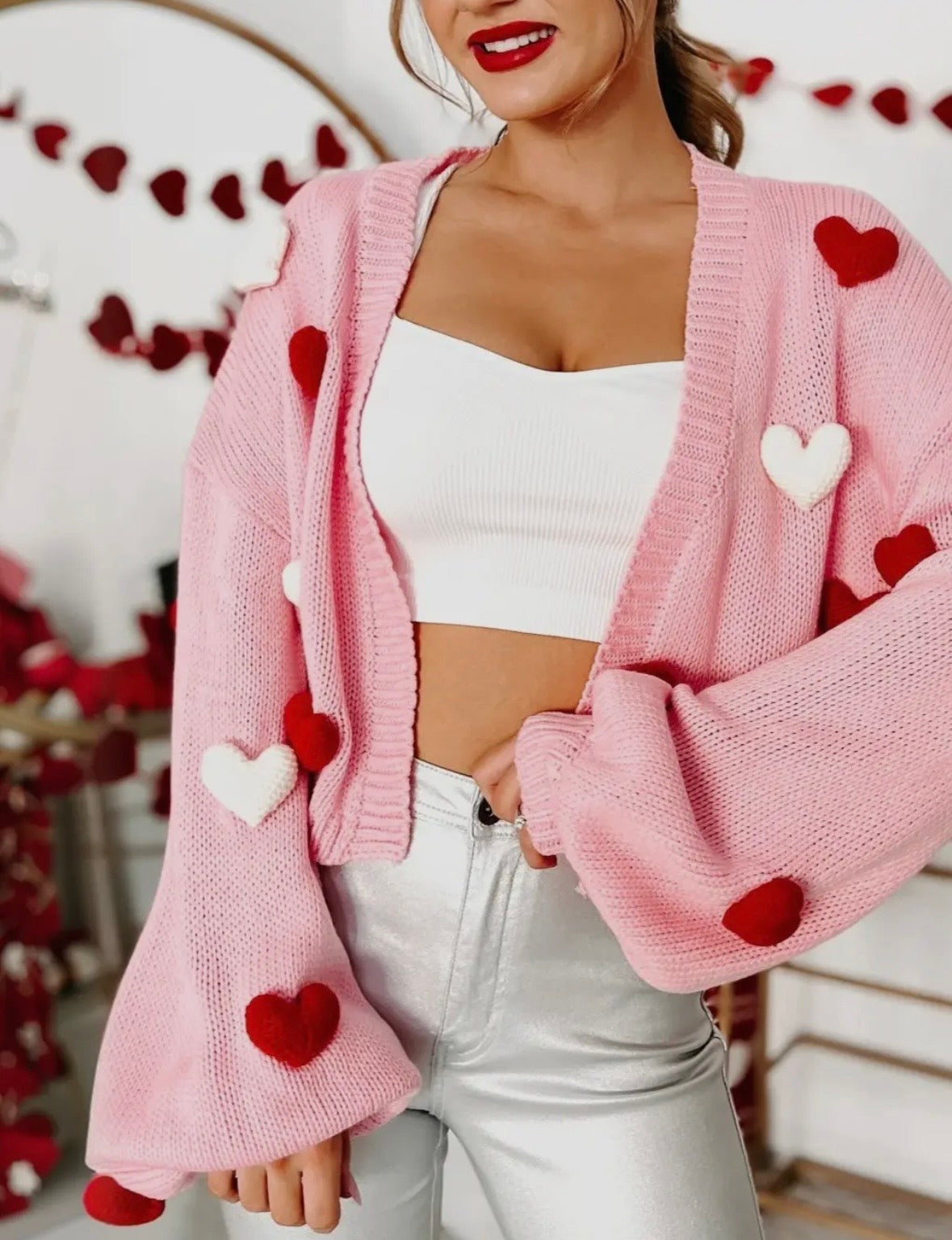 Textured Heart Balloon Sleeve Cardi