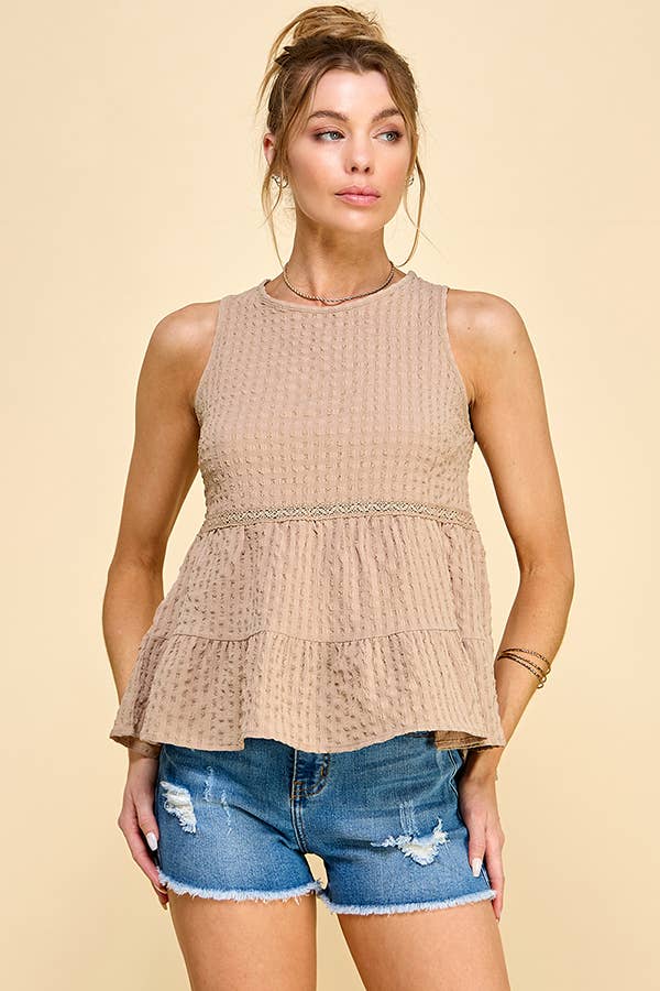 WK50480 - BABYDOLL TIER BUBLLE WOVEN TOP WITH TIE BACK