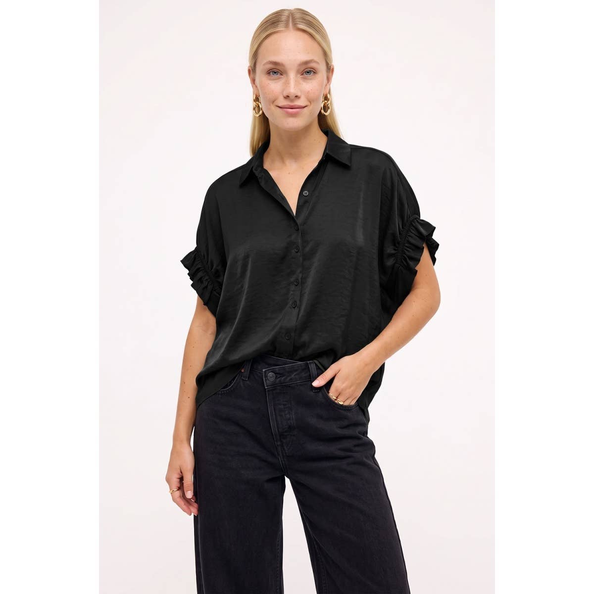 Short Ruffle Sleeve Button-up Blouse