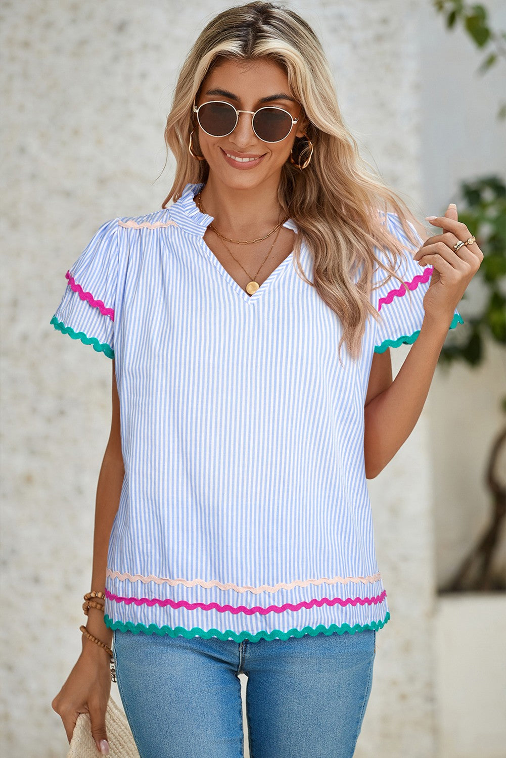 Stripe Ricrac Trim Split Neck Ruffled Sleeve Top