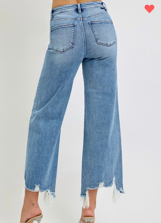 High Rise Crop Wide Step Hem Jeans