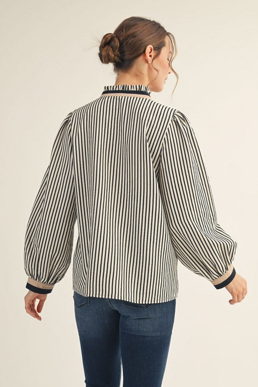 Ruffled Neck Button Down Stripe Top