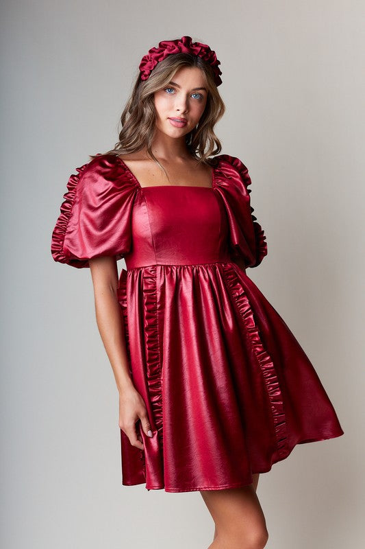 Leather Effect Puff Sleeve Dress