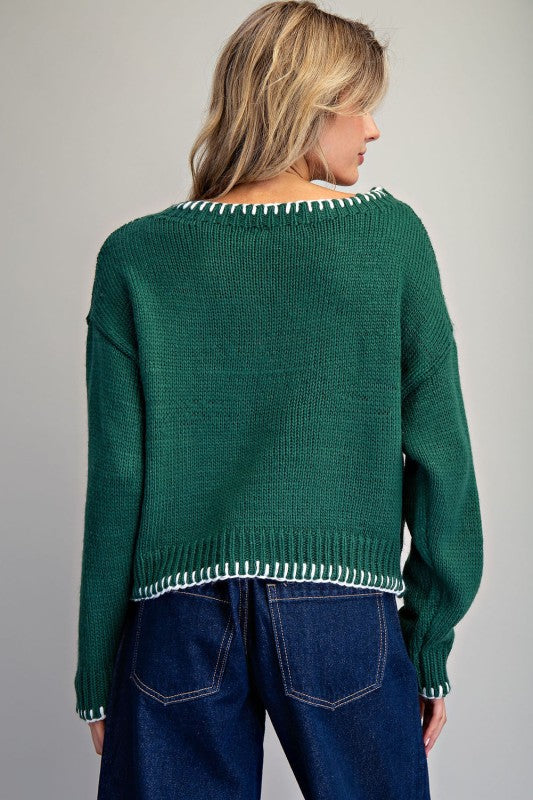 Merry Contrast Whipstitch Long Sleeve Sweater