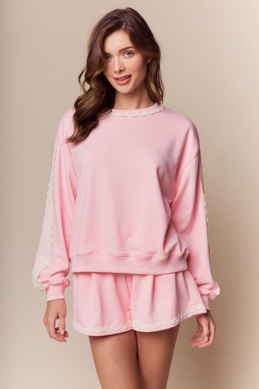 Pink Lace Trim Lounge Set