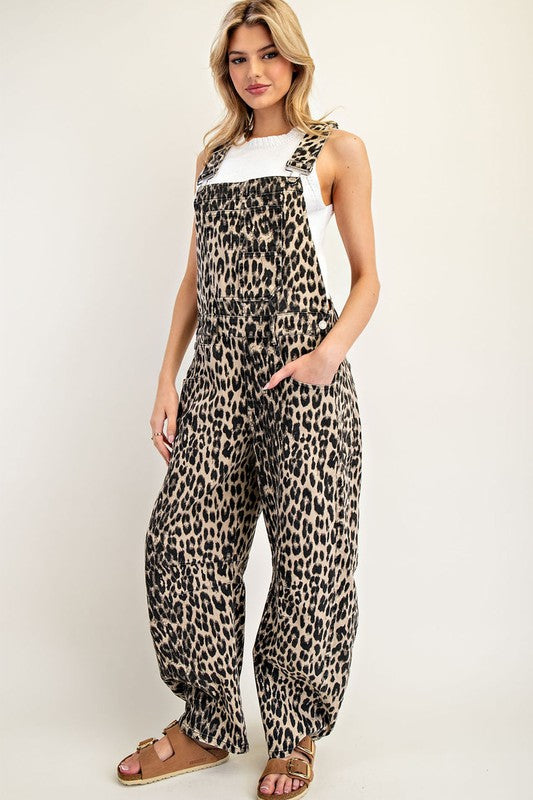 Leopard Printed Barrel Leg Overalls