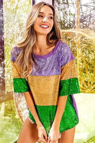MARDI GRAS SEQUIN COLOR BLOCK HALF SLEEVES TOP