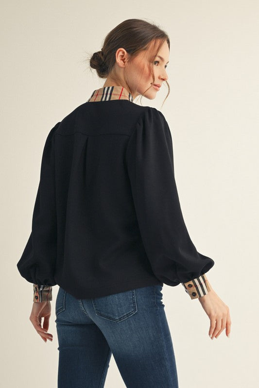 Plaid Contrast Mock Neck Solid Top