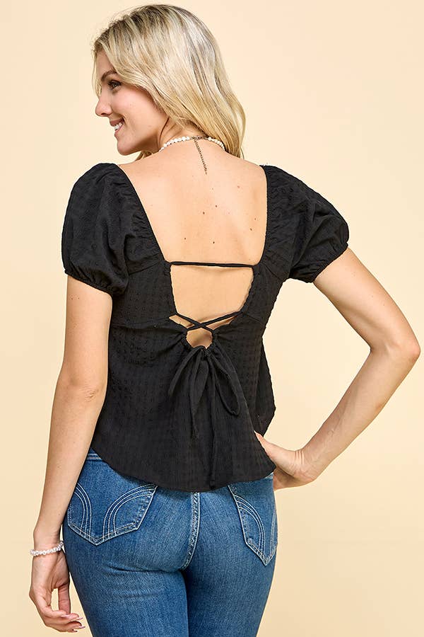 WT50479 - BABYDOLL LACE UP BACK BUBBLE WOVEN TOP