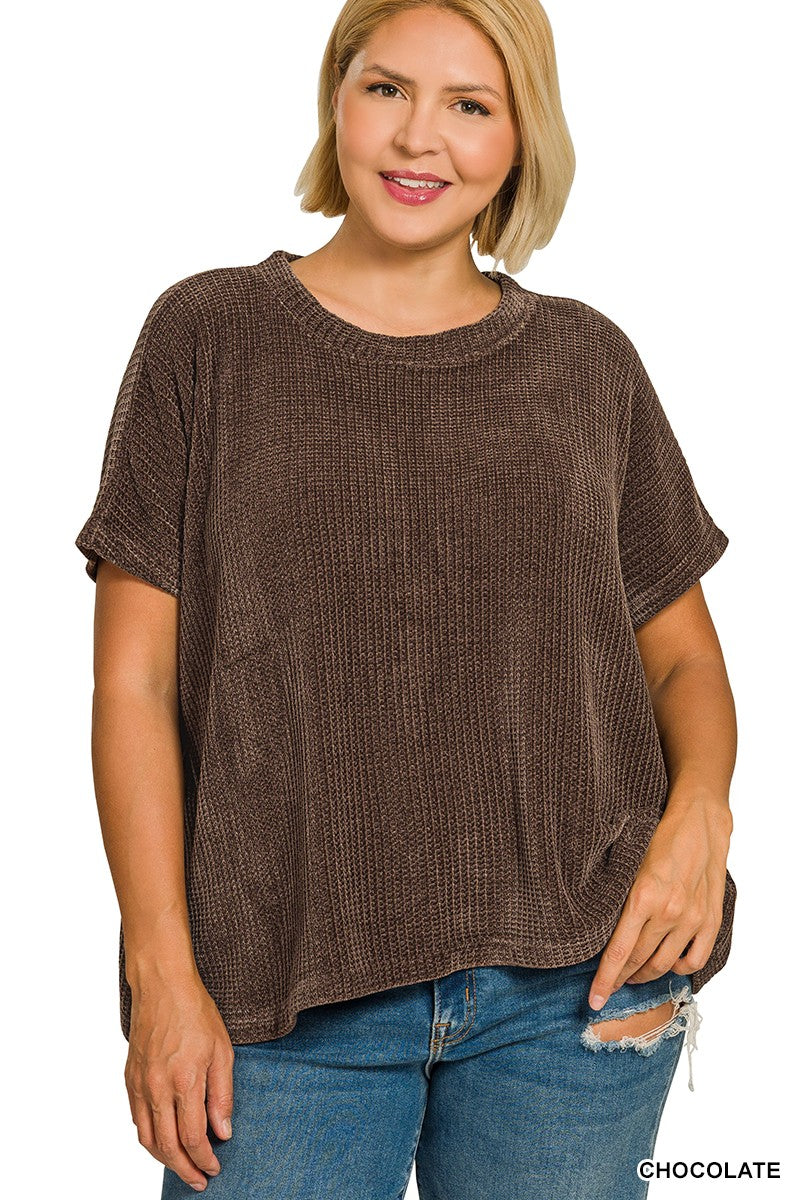 Plus Chenille Waffle Cap Sleeve Sweater