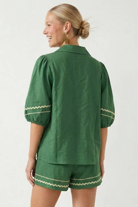 Contrast Trim Puff Sleeve Linen Blouse & Short Set