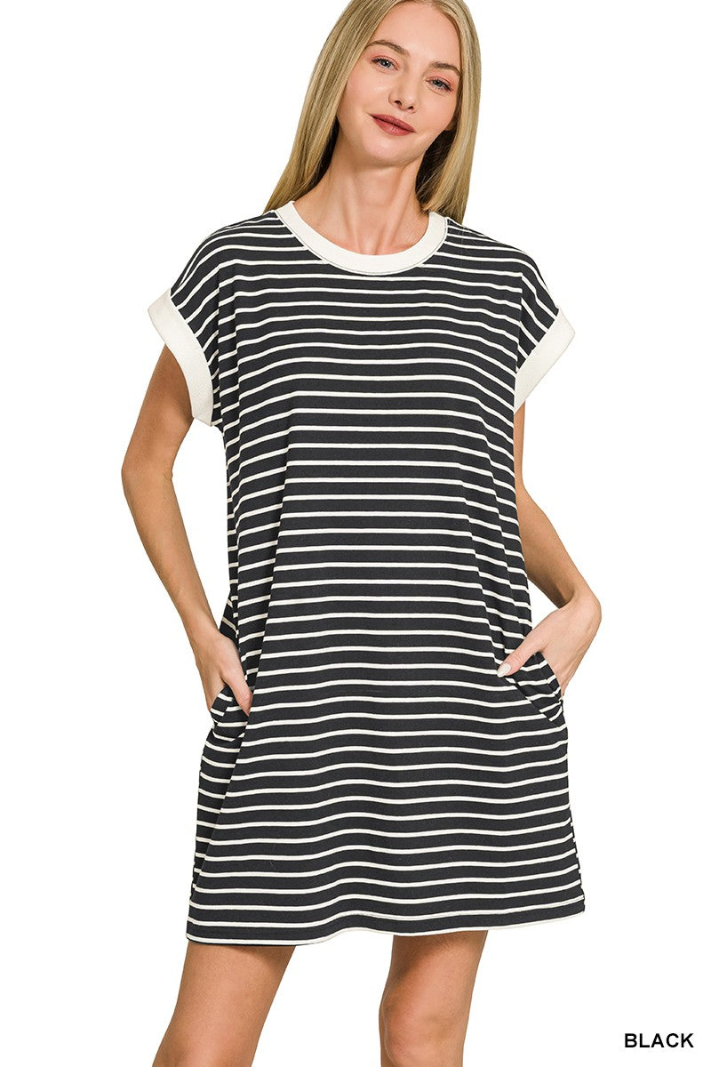 Striped Contrast Trim Rib Banded T-shirts Dress