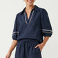 Contrast Trim Puff Sleeve Linen Blouse