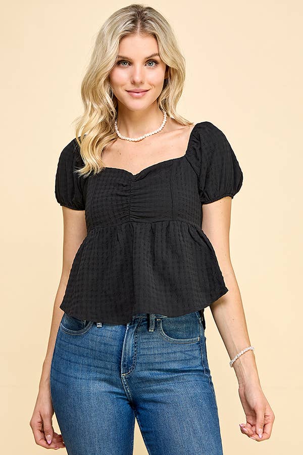 WT50479 - BABYDOLL LACE UP BACK BUBBLE WOVEN TOP
