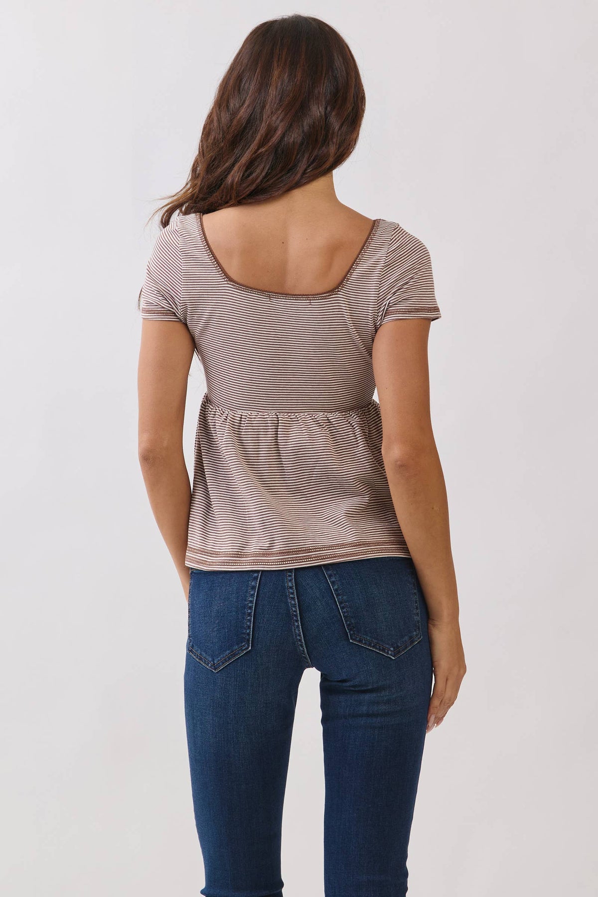 JT57348S - STRIPE SQUARE NK HENLEY BABYDOLL TEE