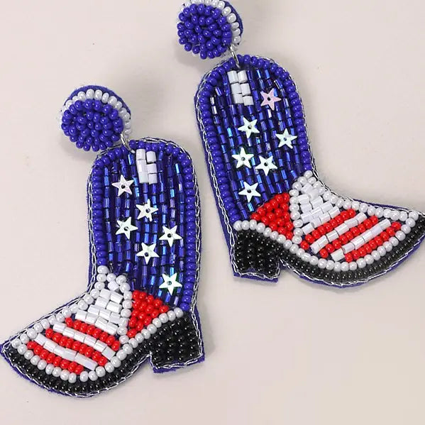 4TH of July Seedbead Boot Flag Drop Earrings