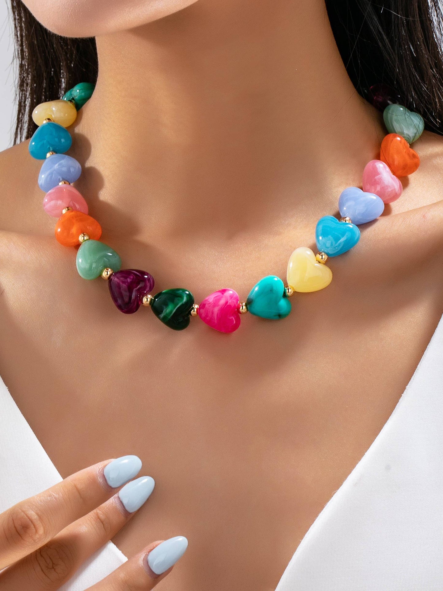 Multi-Color Resin Heart Bead Necklace