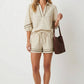 Contrast Trim Puff Sleeve Linen Blouse