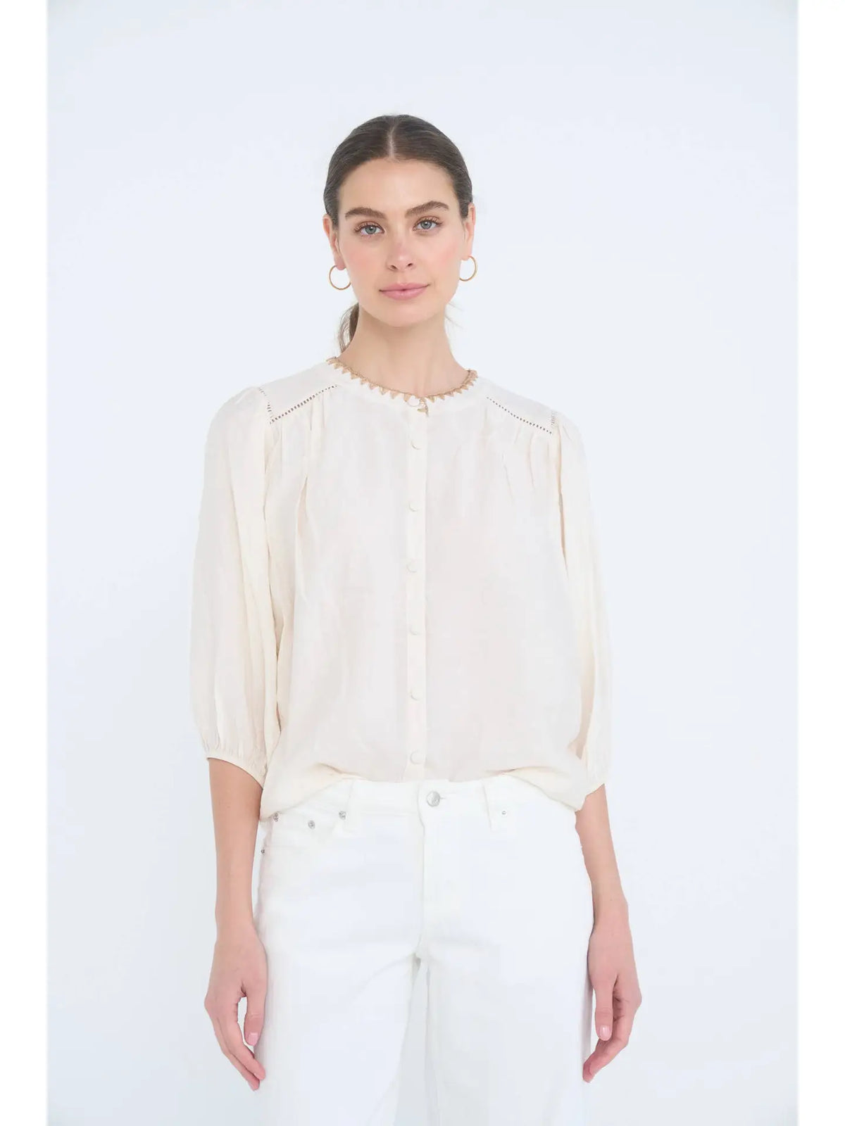 Contrast Stitch Button Down Half Sleeve Top