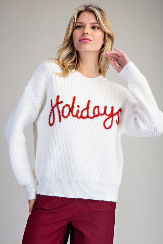 Holiday Glitter Text Round Neck Sweater
