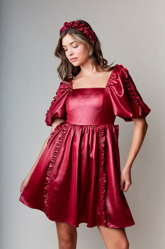 Leather Effect Puff Sleeve Dress