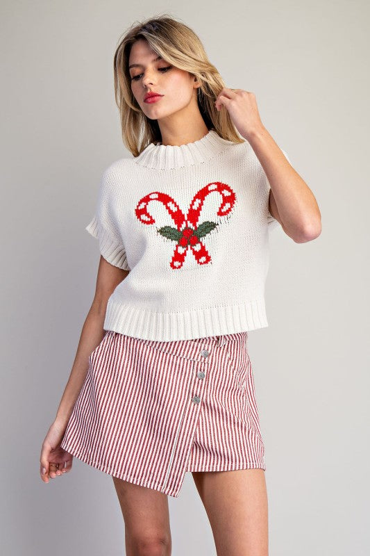 Candy Cane Short Sleeve Sweater