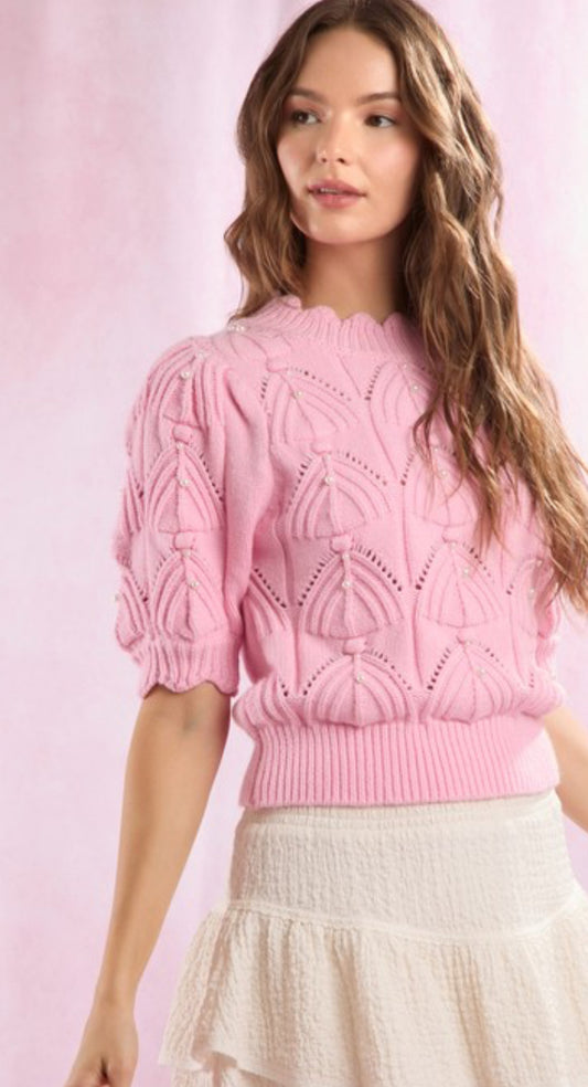 Pearl Embellished Scallop Cable Knit Sweater