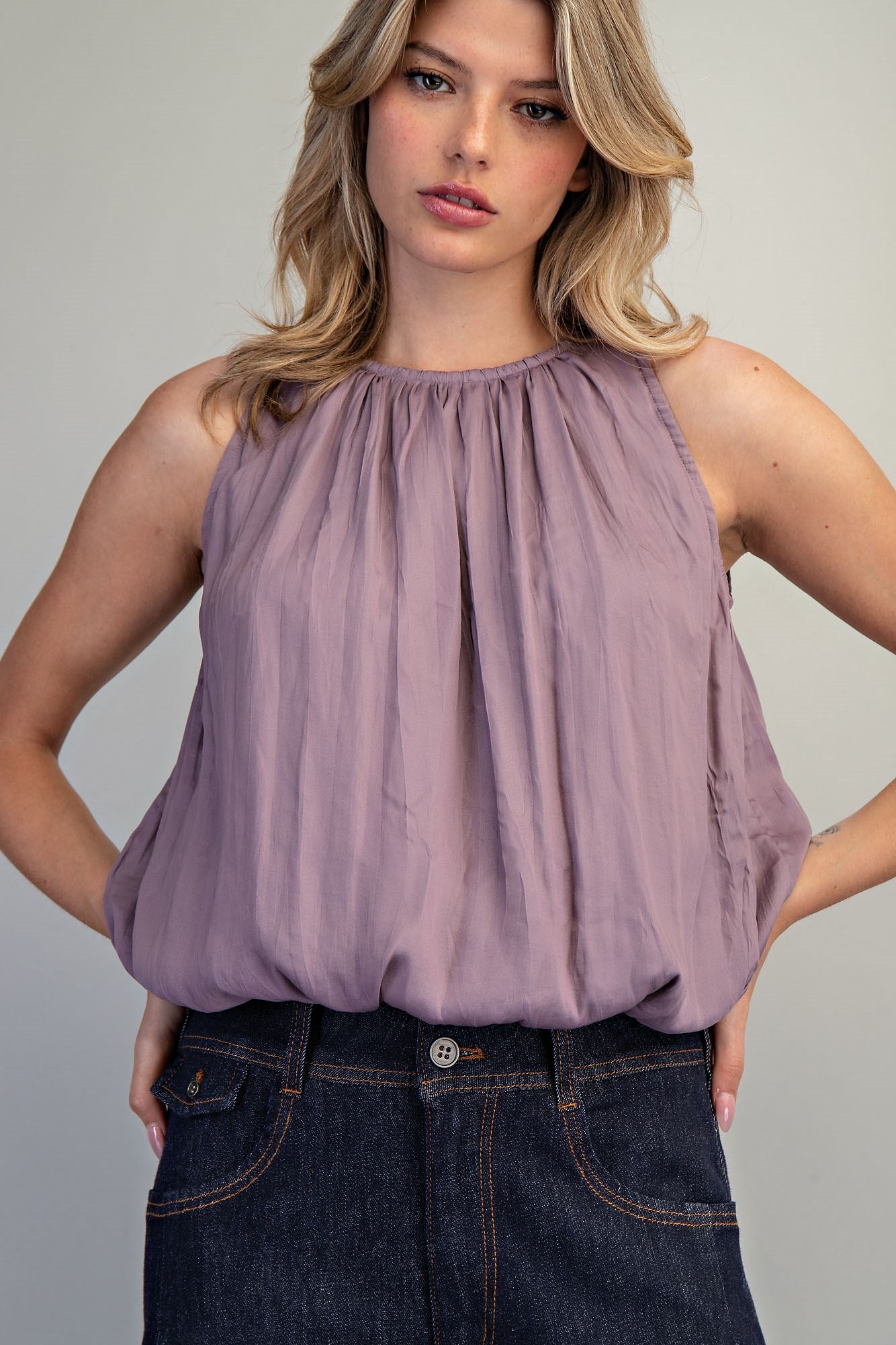 Solid Satin Bubble Blouse