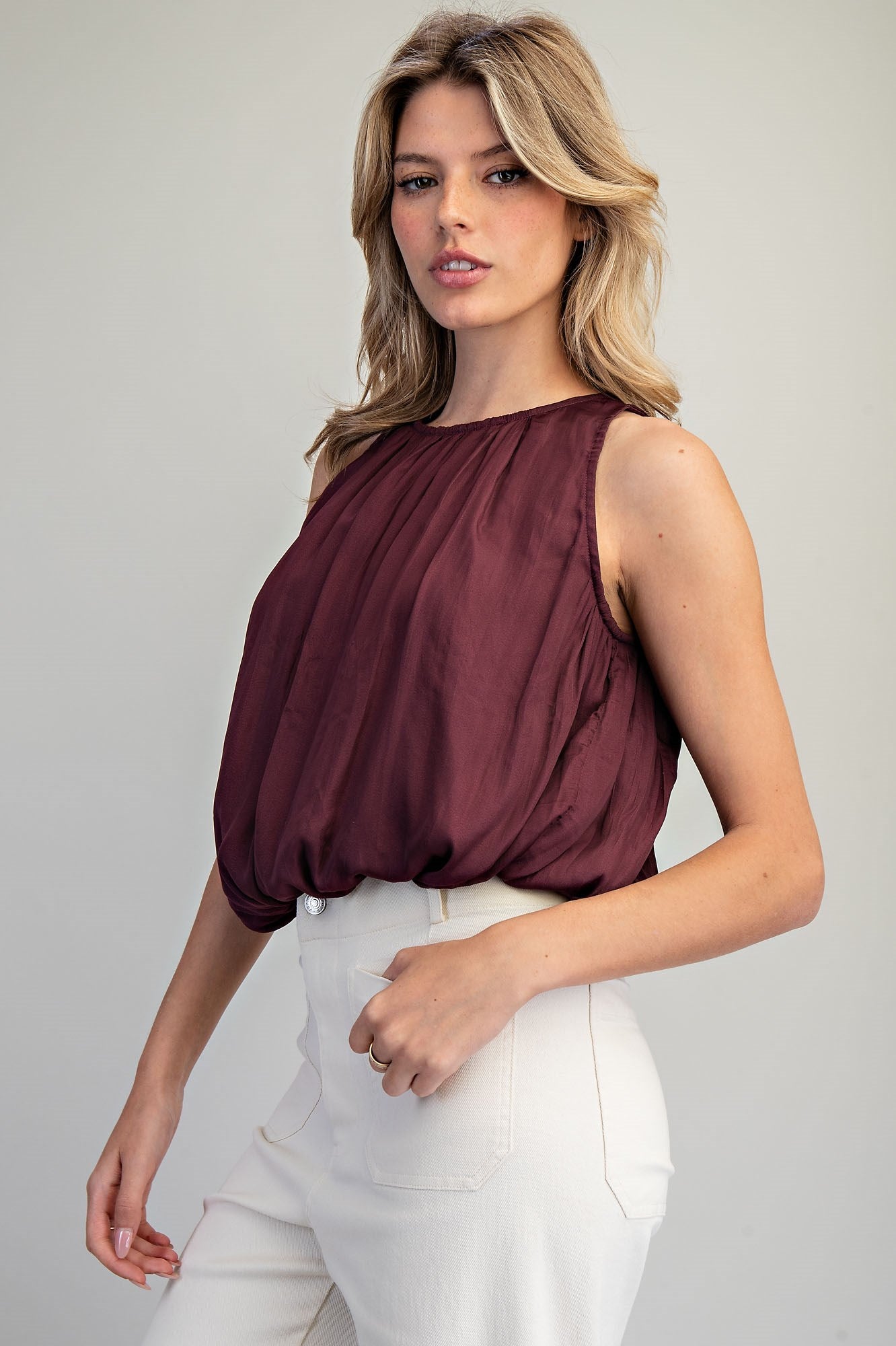Solid Satin Bubble Blouse