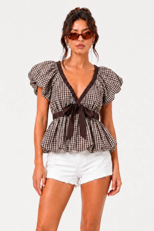 DEEP BUBBLE HEM GINGHAM BLOUSE