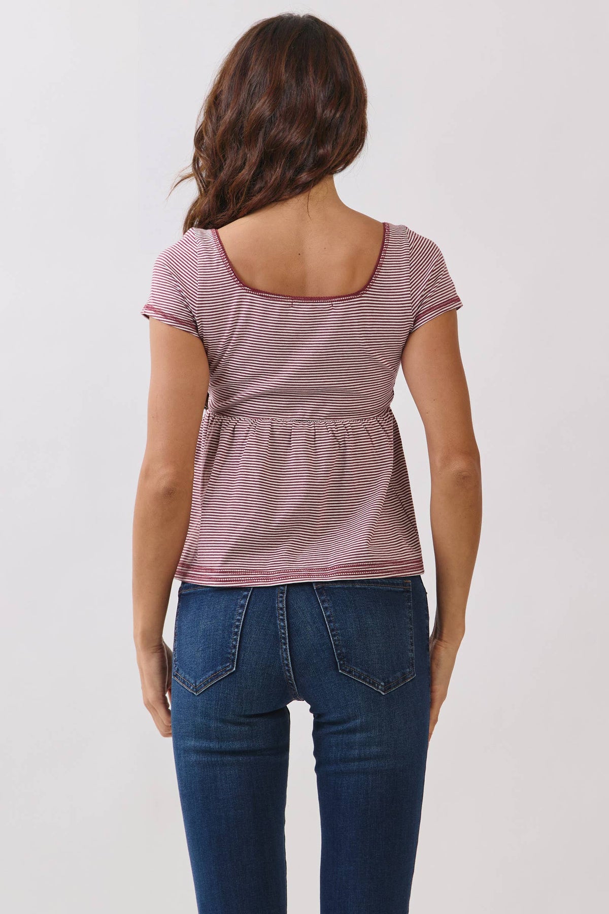 JT57348S - STRIPE SQUARE NK HENLEY BABYDOLL TEE