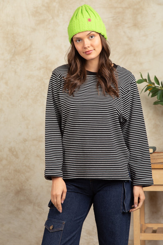 VERY J - Frenchy Terry Striped Casual Top