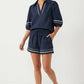 Contrast Trim Puff Sleeve Linen Blouse