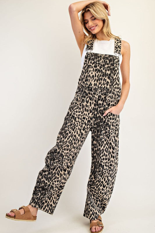 Leopard Printed Barrel Leg Overalls