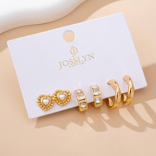 Pearl Heart & Rhinestone Huggie Hoop Trio Earring