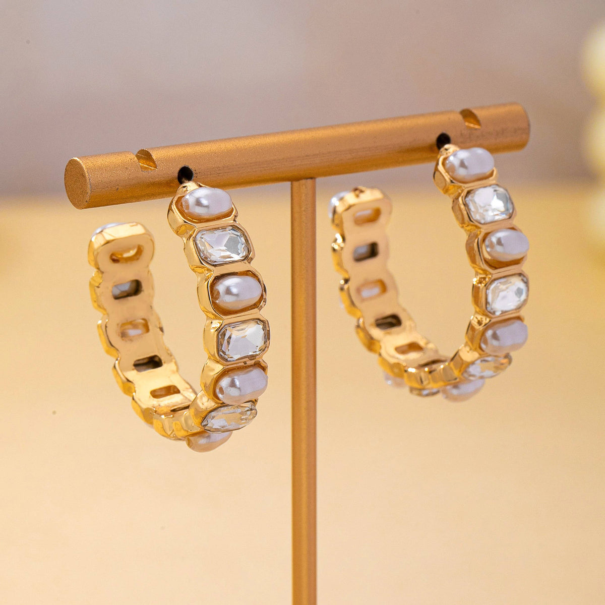 Alternating Pearl and Rhinestone Hoop Earrings | 80E63136