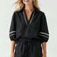 Contrast Trim Puff Sleeve Linen Blouse