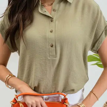 BP Mid Button Down Cuffed Short Sleeve Top