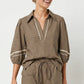 Contrast Trim Puff Sleeve Linen Blouse