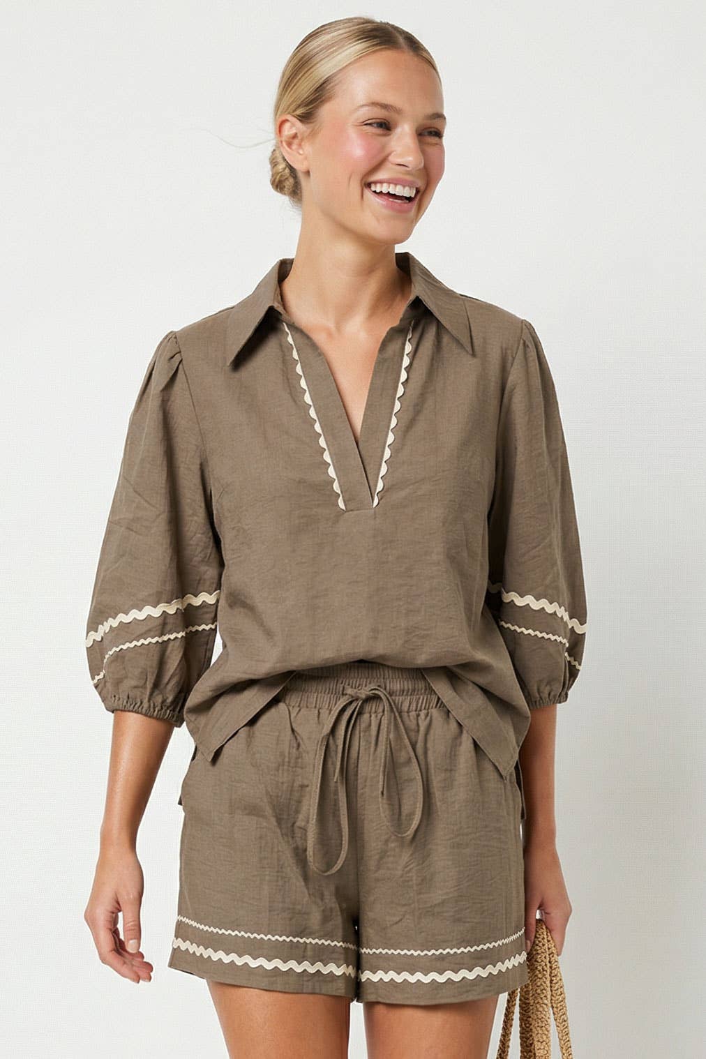 Contrast Trim Puff Sleeve Linen Blouse