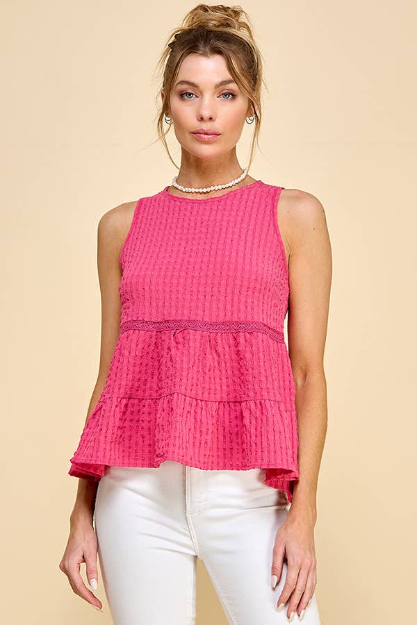 WK50480 - BABYDOLL TIER BUBLLE WOVEN TOP WITH TIE BACK