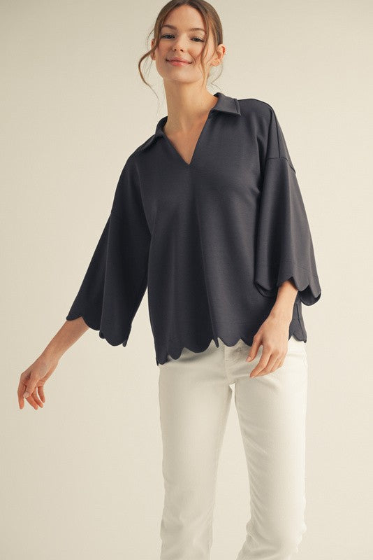 Scalloped Edge V-neck Top