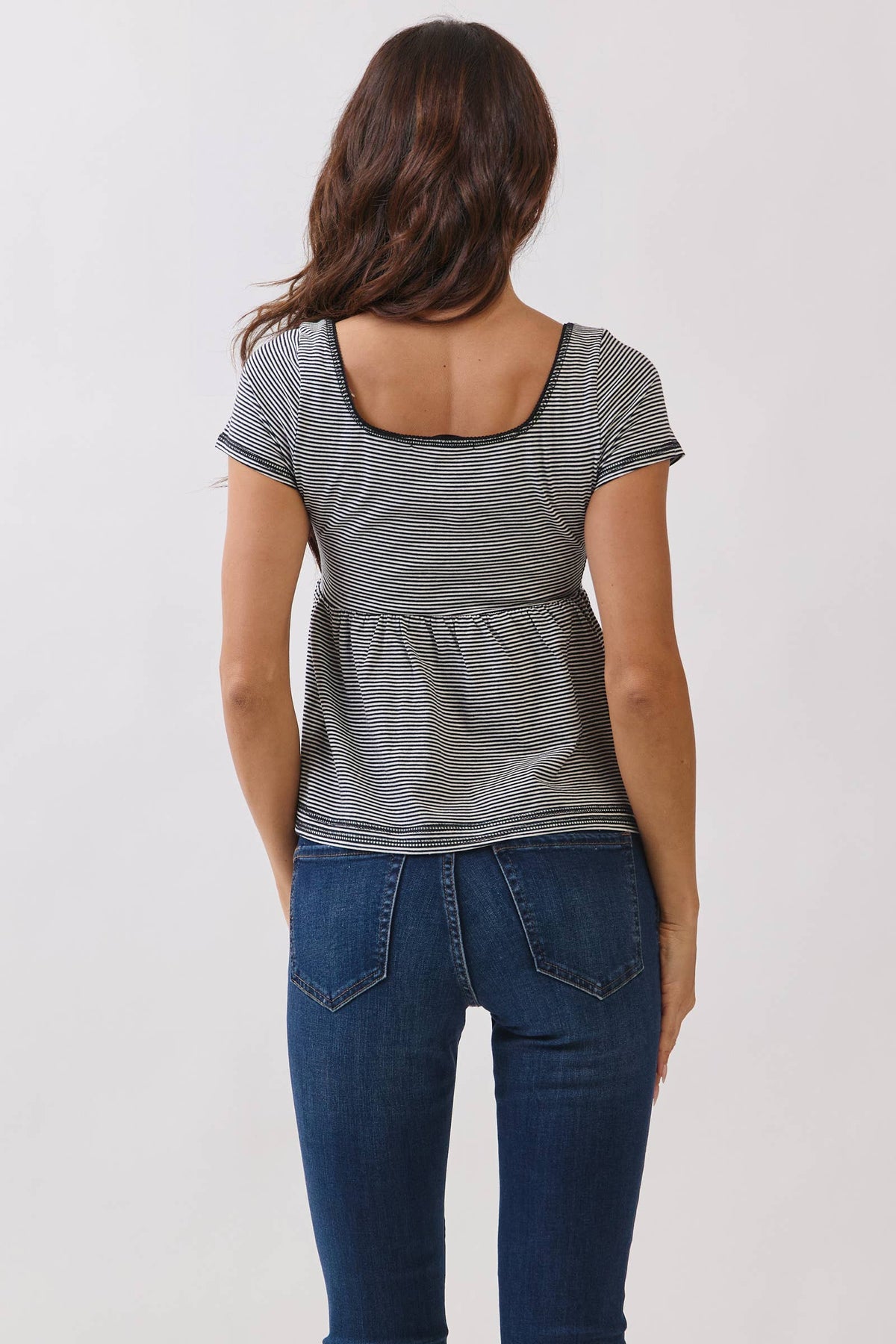 JT57348S - STRIPE SQUARE NK HENLEY BABYDOLL TEE
