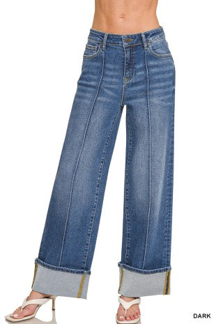 Cuffed Wide Leg Pintuck Denim Pants